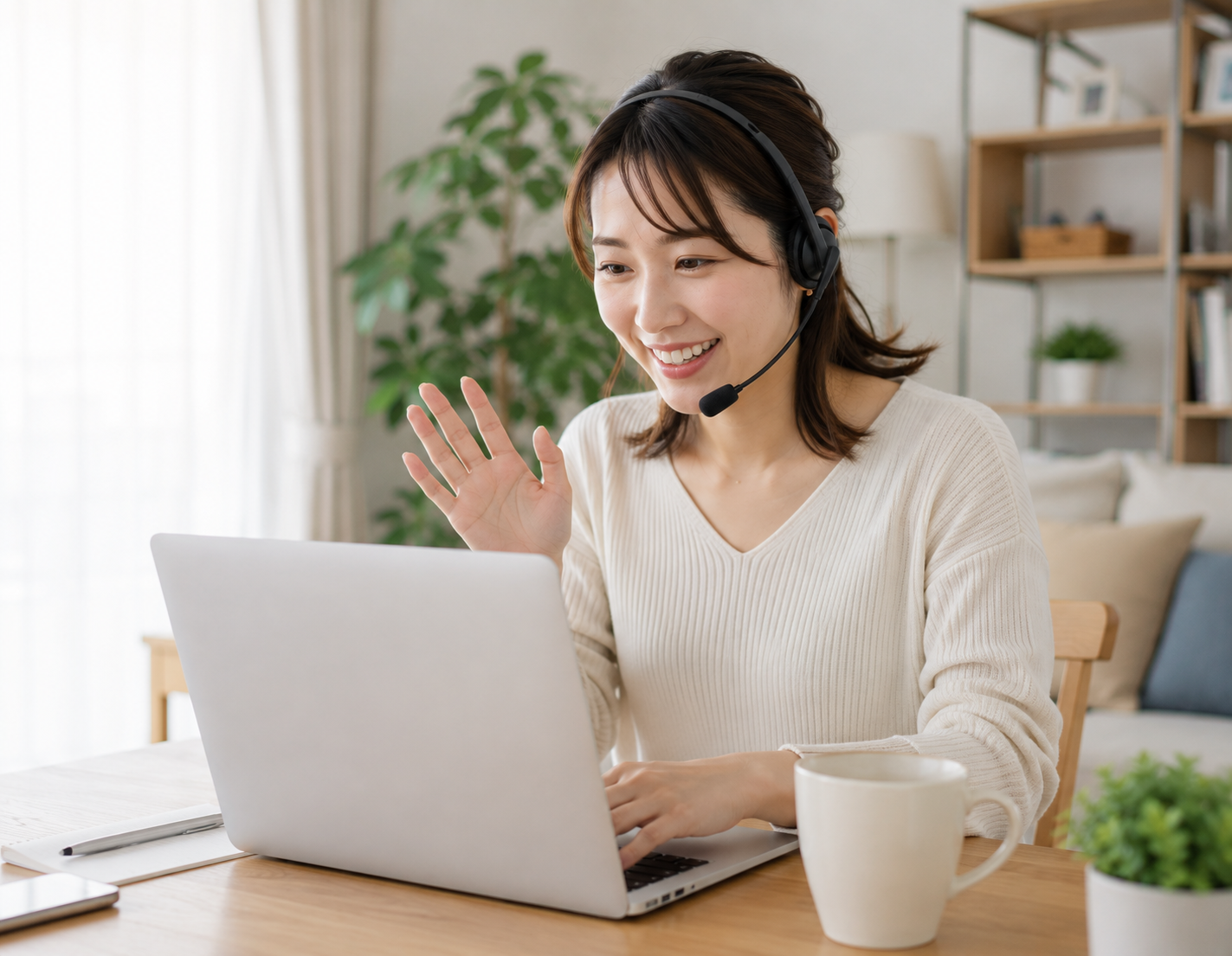 自宅でパソコンを使いレッスンを受ける女性