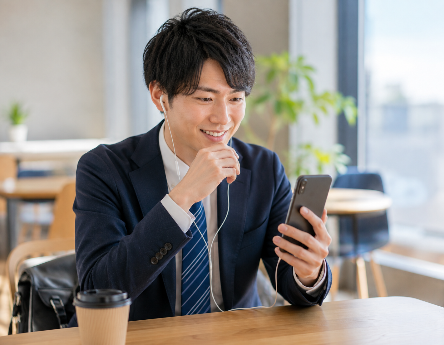仕事の休憩時間にスマートフォンで受講する会社員