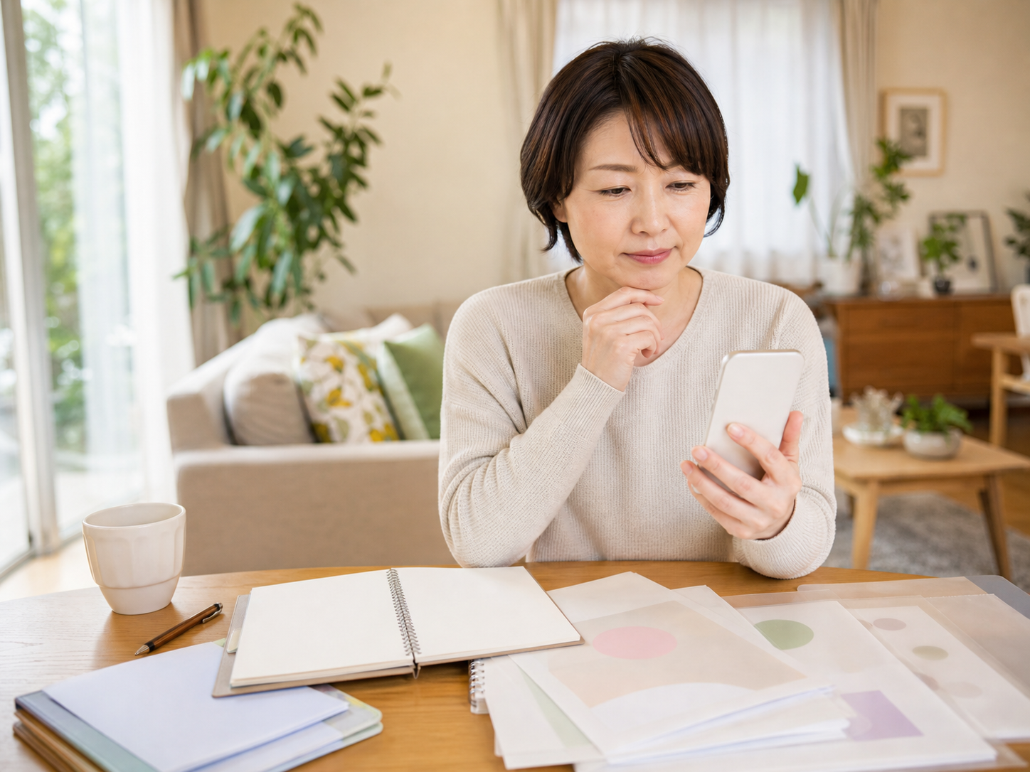 実務者研修の資料を手に、学習方法について考えている女性のイメージ
