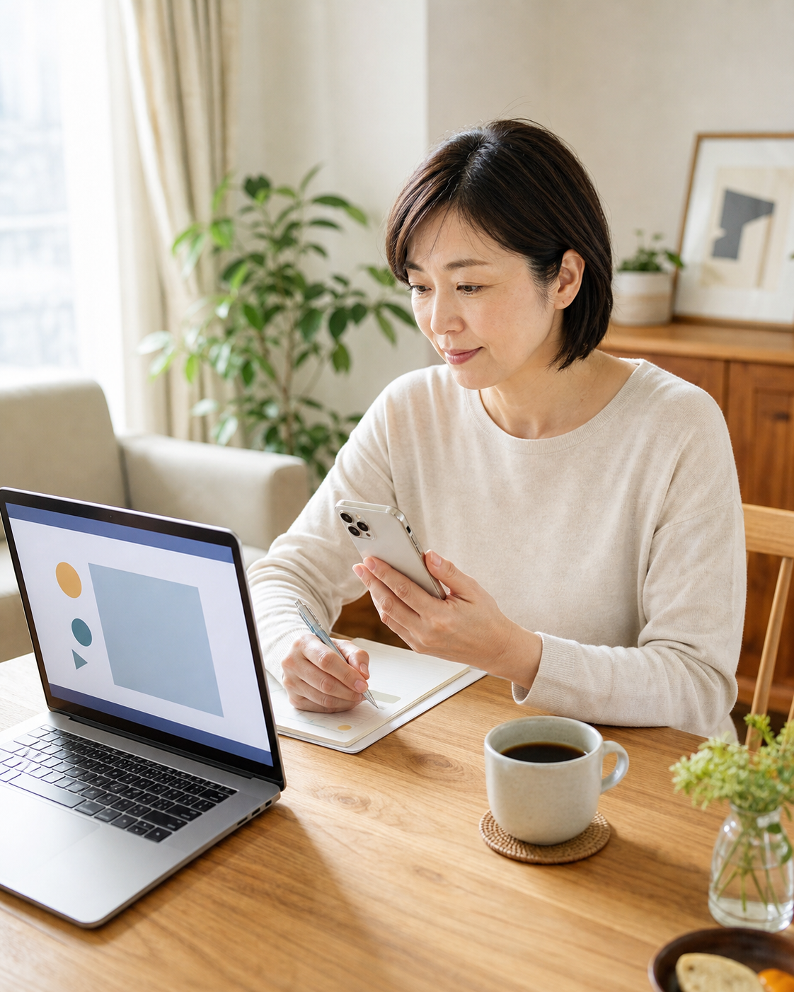 自宅でスマートフォンを使って学習する受講者の様子