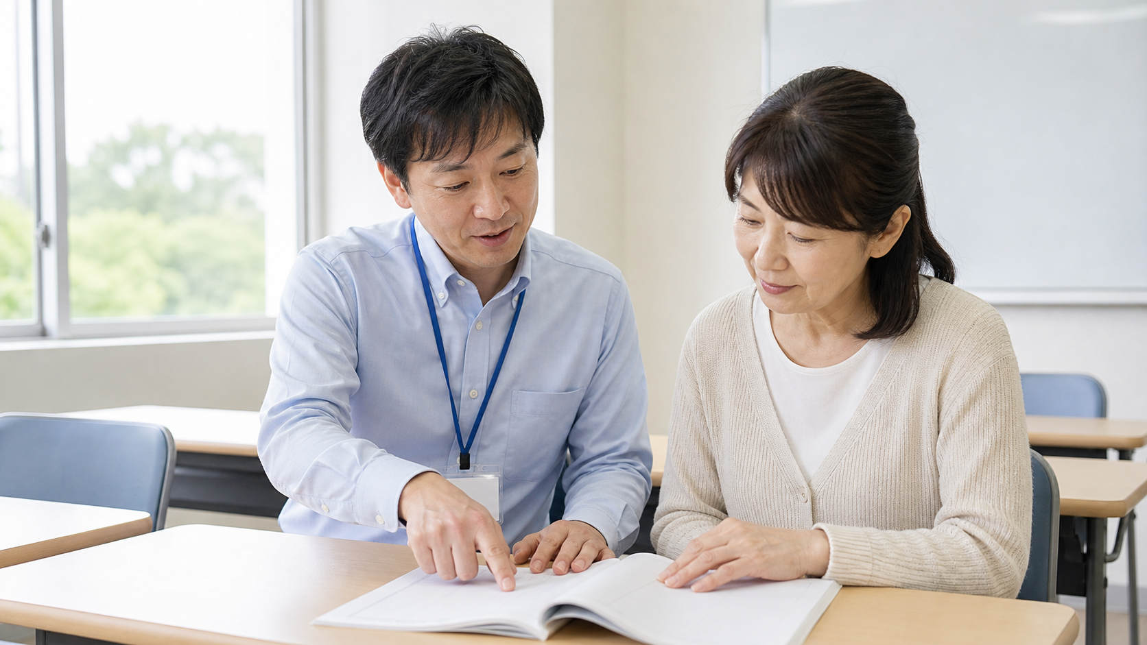 講師が受講者に対して丁寧に説明している教室の様子