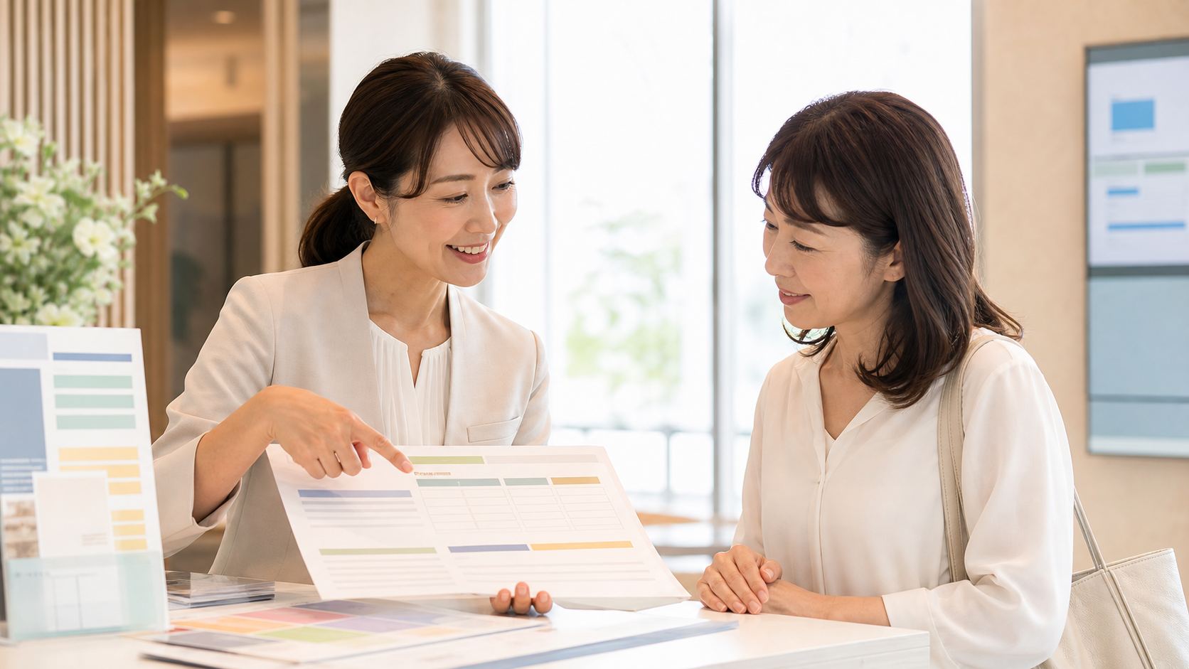 スタッフが受講料や給付制度について資料をもとに説明している様子