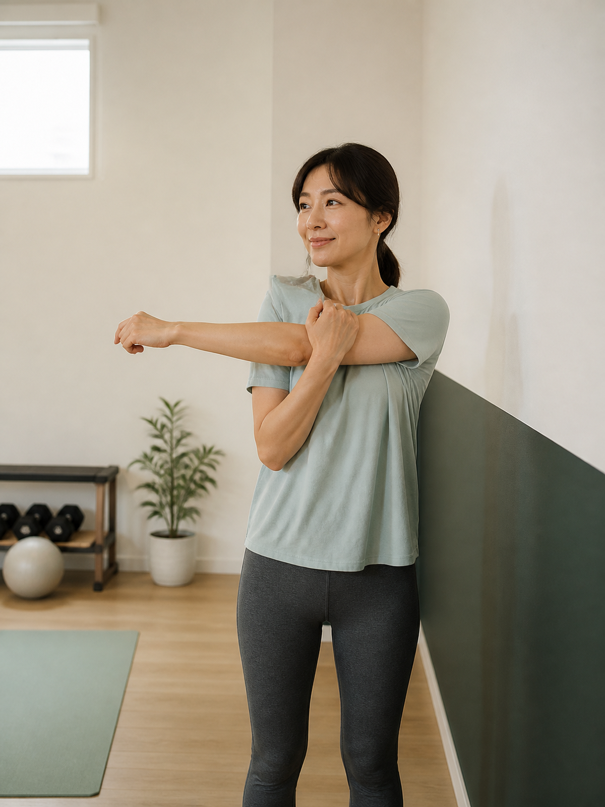 自然光の入る完全個室でストレッチをする女性
