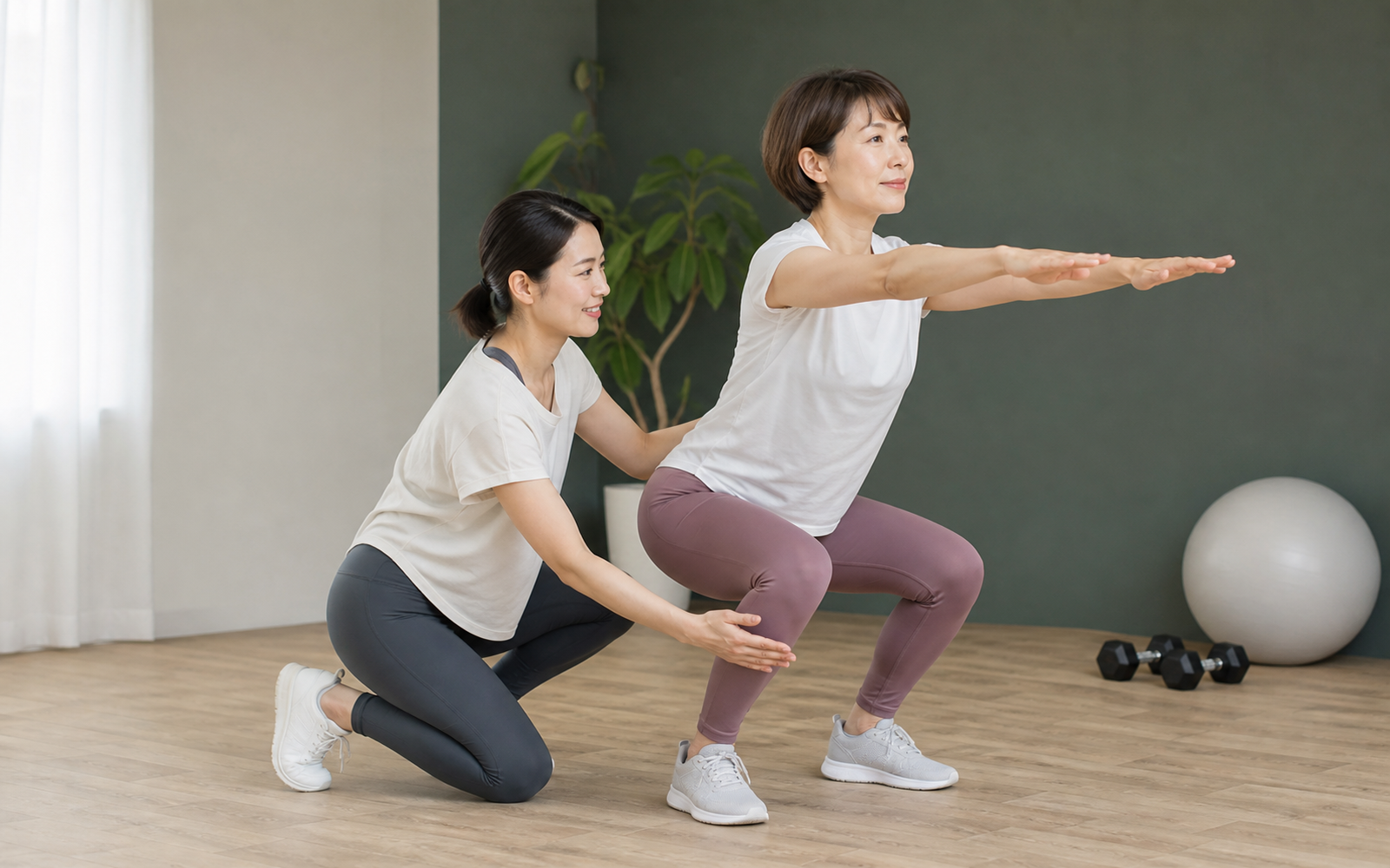 トレーナーがサポートしながらトレーニングする様子